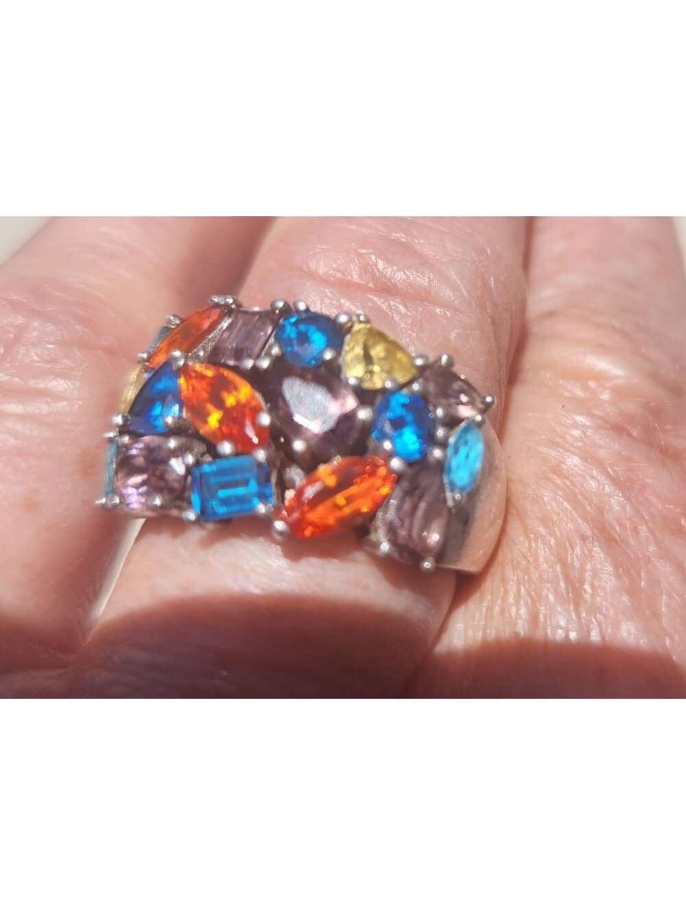 Vintage 925 Ring with cluster of CZ's cubic Zirconia orange, blue, yellow Size 7
